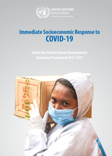 Cover shows the title "Immediate Socioeconomic Response to COVID-19 over a image of a woman with a blue mask carrying a box.