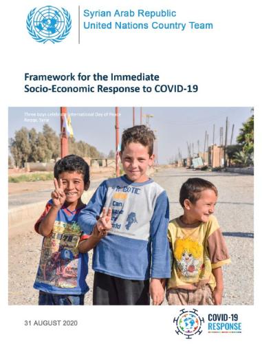 Cover with title "Framework for the Immediate Socio-Economic Response to COVID-19 for Syria" and three Syrian boys smiling