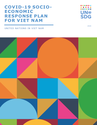 Cover shows the title "COVID-19 Socio-Economic Response Plan for Viet Nam", over colorful triangles and dots