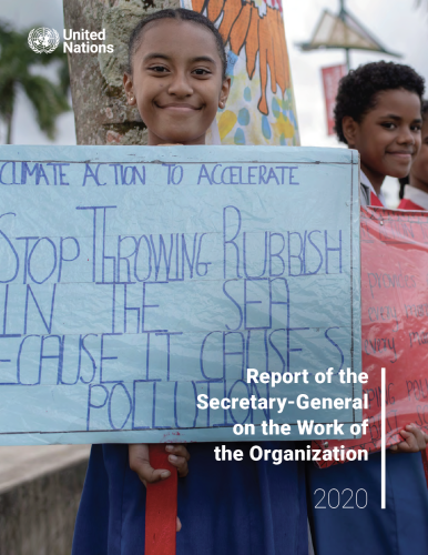 Two young students with their climate action signs in Albert Park, Suva, during a visit by Secretary-General António Guterres to Fiji as part of a trip to spotlight the issue of climate change ahead of the Climate Action Summit.
