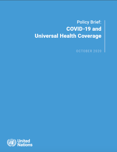 Cover shows the title "Policy Brief: COVID-19 and Universal Health Coverage" against a solid blue background with the UN emblem on the lower left side.