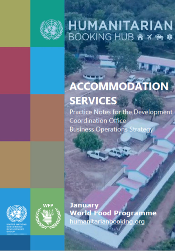 The image shows the Humanitarian Booking Hub and Accommodation Services Practice Notes Title. On the left side there are SDG colored squares and on the right there is an aerial image of UN accommodations. 