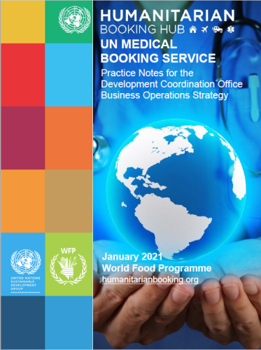 The image shows the Humanitarian Booking Hub and UN Medical Booking Service Practice Notes Title. On the left side there are SDG colored squares and on the right there is an image of a doctor holding a world with both hands.. 