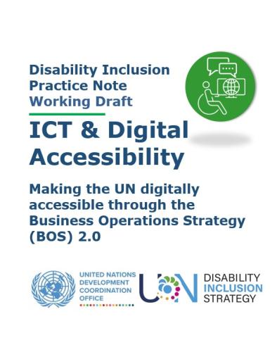 The image shows the title of the Practice Note, an icon of a person with a disability working in a computer that is accessible, the UNSDG, and UNDIS logo.
