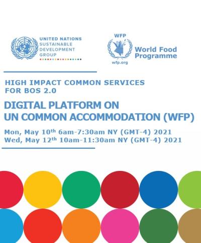 Page de couverture sur laquelle on peut lire le titre "Digital Platform on UN Common Accommodation (WFP)" et où figurent les logos du GNUDD et du PAM et une série de cercles aux couleurs vives.