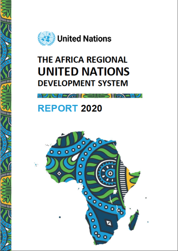 Page de couverture d'un rapport sur laquelle figurent une représentation très colorée du continent africain, le logo de l’ONU en haut de page et le titre « Rapport 2020 du système régional des Nations Unies pour le développement en Afrique », en anglais.