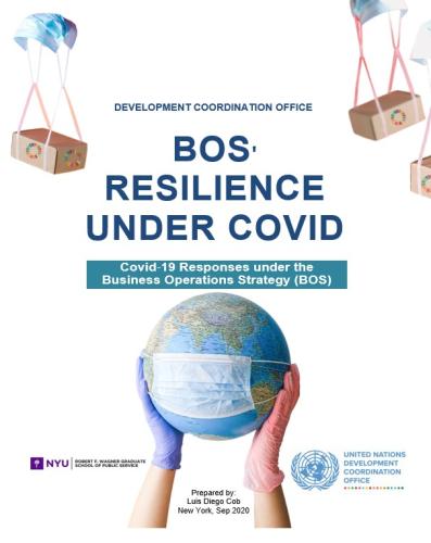 The image reads the title "BOS' resilience under Covid: Covid 19 responses under the Business Operations Strategy. The image shows two hands with gloves holding up a 3-D globe with a face mask. There are boxes with SDG symbols coming down from the top with parachutes made of face masks. 