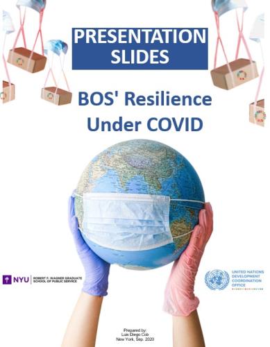 The image reads the title "Presentation Slides BOS' resilience under Covid: Covid 19 responses under the Business Operations Strategy. The image shows two hands with gloves holding up a 3-D globe with a face mask. There are boxes with SDG symbols coming down from the top with parachutes made of face masks." 