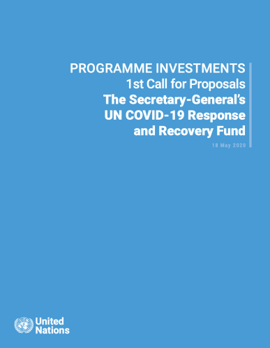غلاف أزرق مع كلمات: الاستثمارات في البرنامج الدعوة الأولى لتقديم مقترحات حول صندوق الأمم المتحدة لمواجهة جائحة كوفيد-19 والتعافي من آثارها التابع للأمين العام.