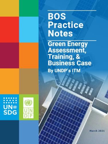 Aerial view of solar panels with SDG colored squares, logo of UNSDG and UNDP, and Title of the practice note.