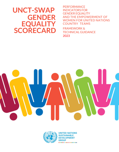 The cover of a UN publication on gender equality with icons of people in multiple colours