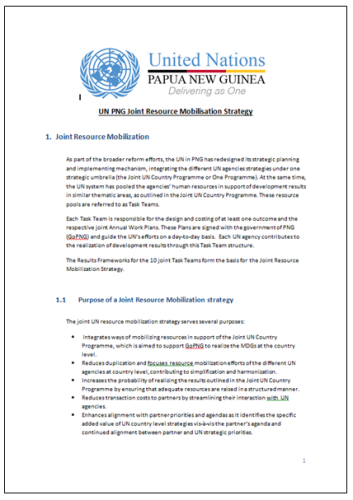 Portada del documento con un fondo blanco y párrafos de texto más el logo de la ONU en Papua Nueva Guinea.