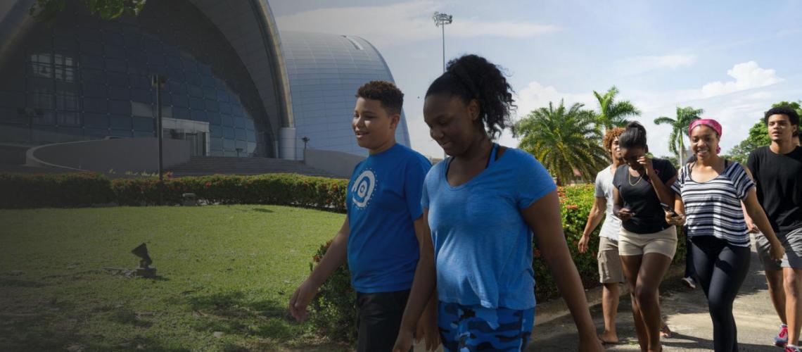 Elliot Ross-Dick, 13, and other students go for a short walk during a workshop break in Port of Spain, Trinidad and Tobago.