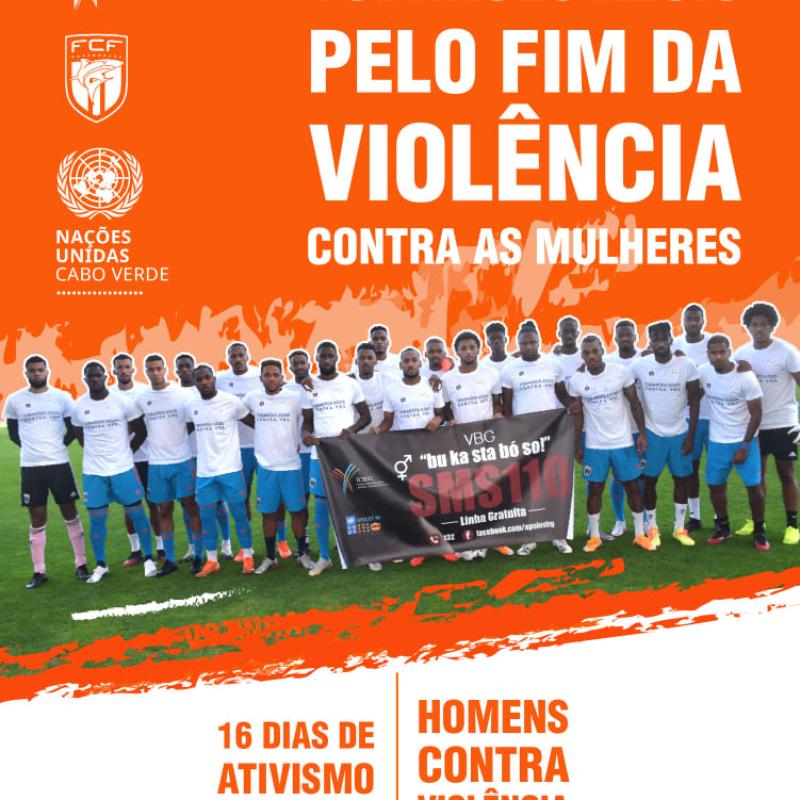 Blue Sharks promotional flyer shows the team in front of an orange background with text just above them in Portuguese that says Blue Sharks for the end of violence against women".
