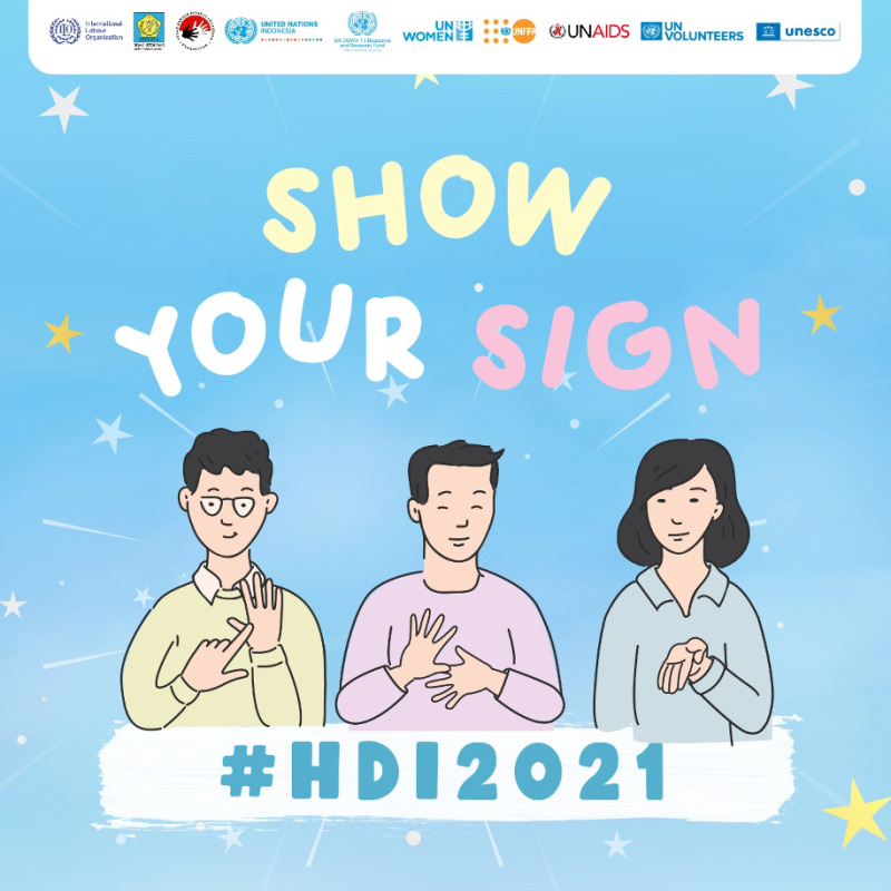 Affiche de la campagne "Show Your Sign" (traduction littérale en français : "Montre ton signe") utilisée pour la promotion de la Journée internationale des personnes handicapées en Indonésie.